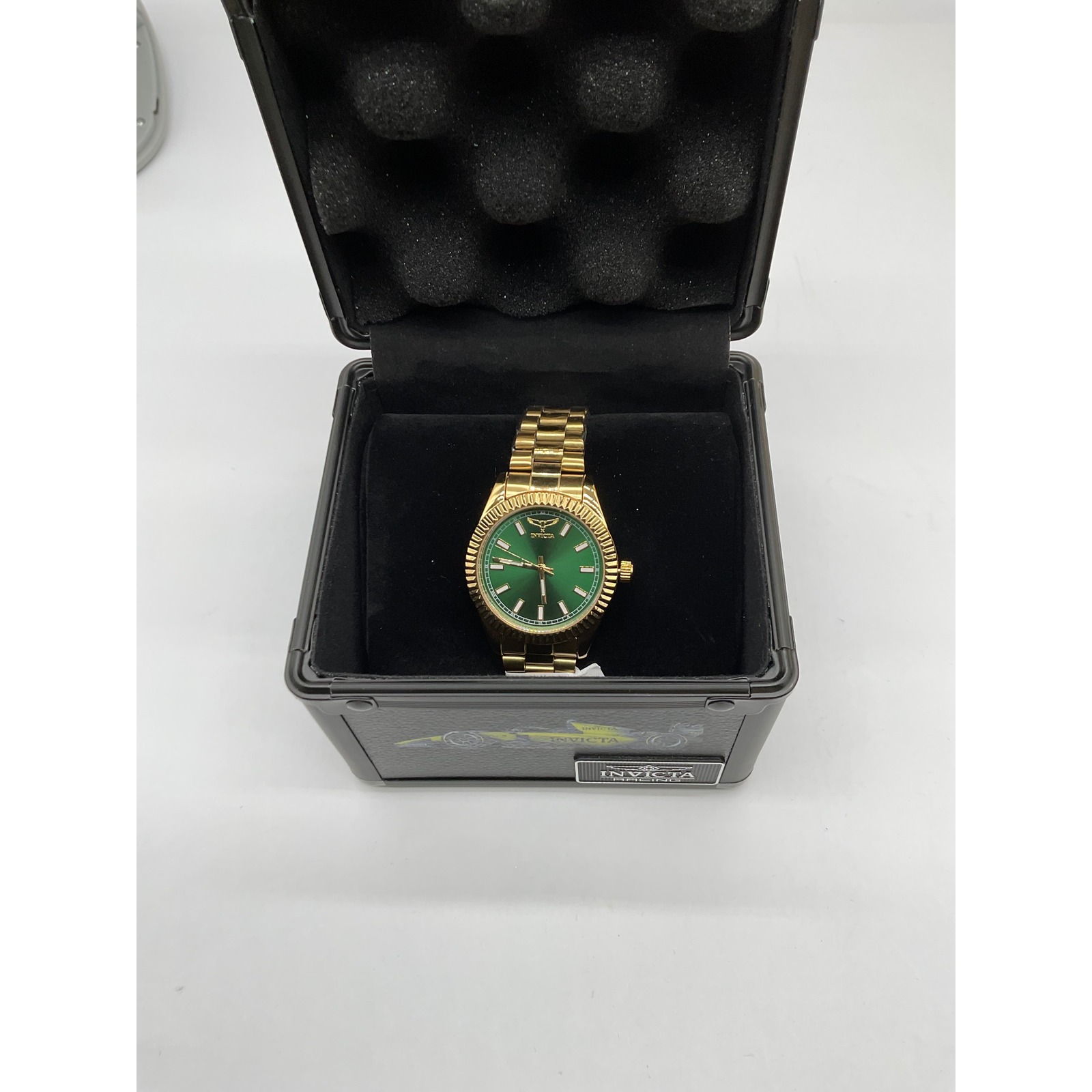 Invicta Specialty Mens Watch Gold Tone Green Dial Fluted Bezel With Impact Case